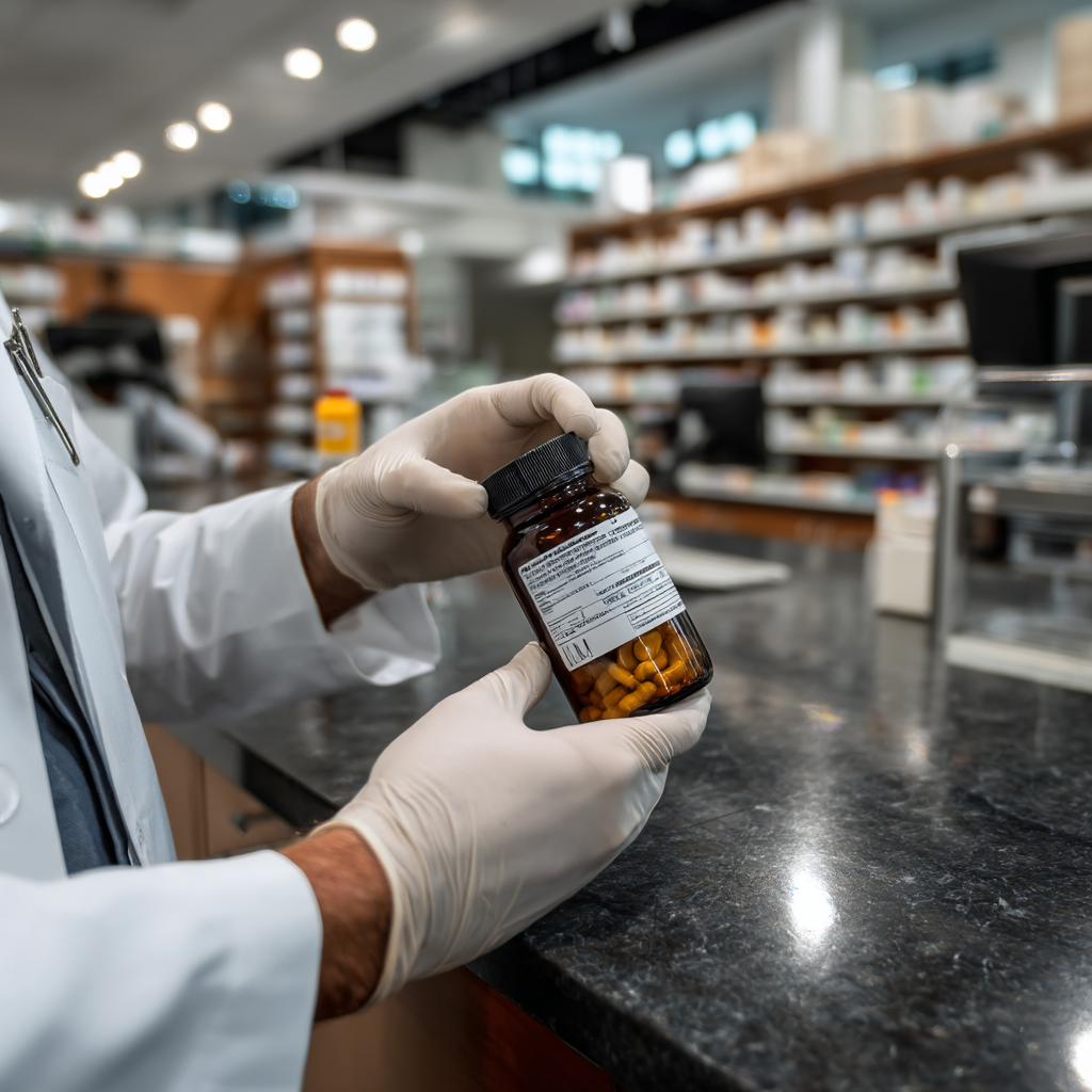 Illustration of pharmacy preparing medication